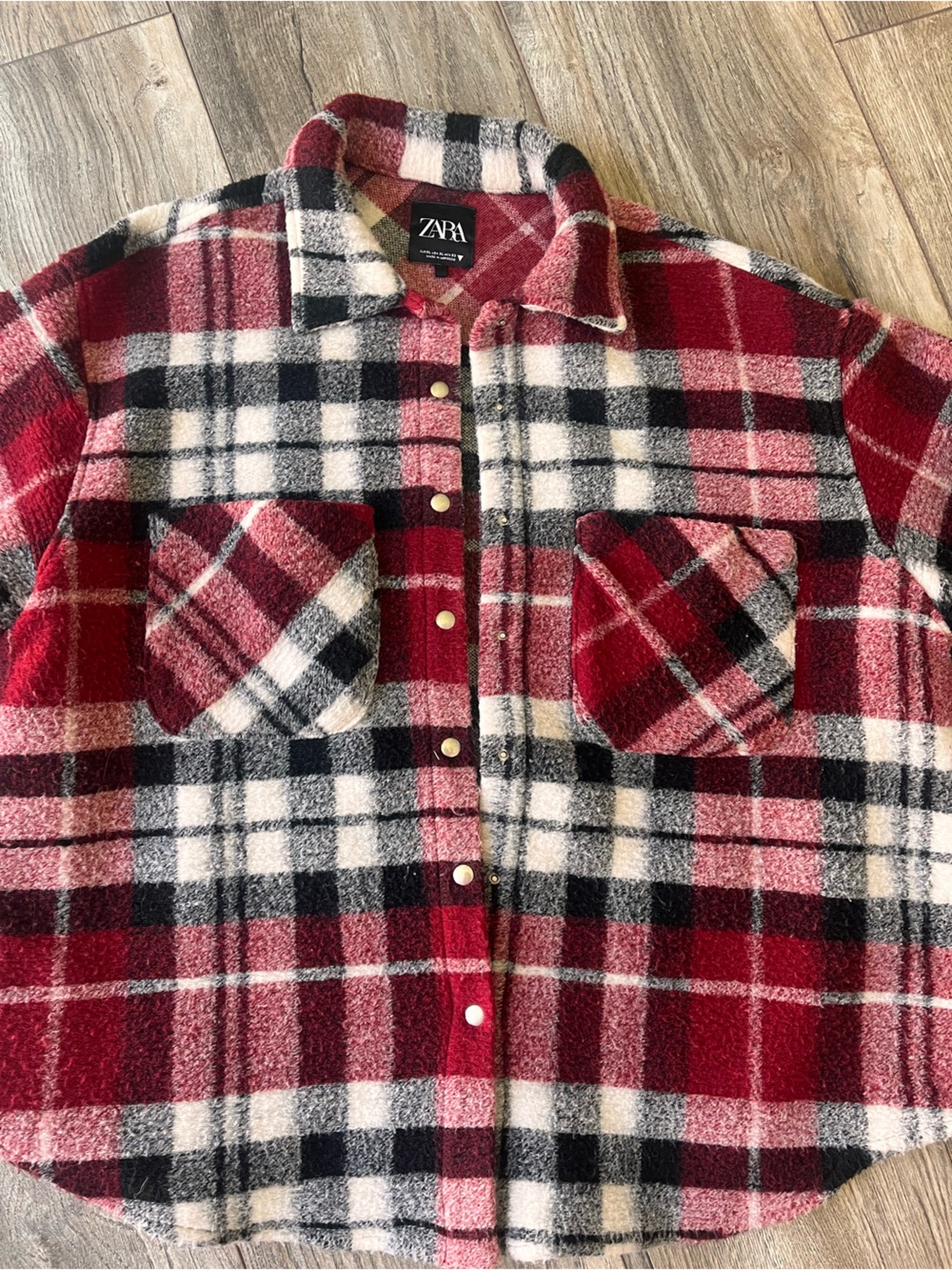 Zara Red, Black & White Plaid Sherpa Shacket - Picture 4 of 6